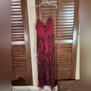 Elegant Burgundy Sequin Evening Romper Dress